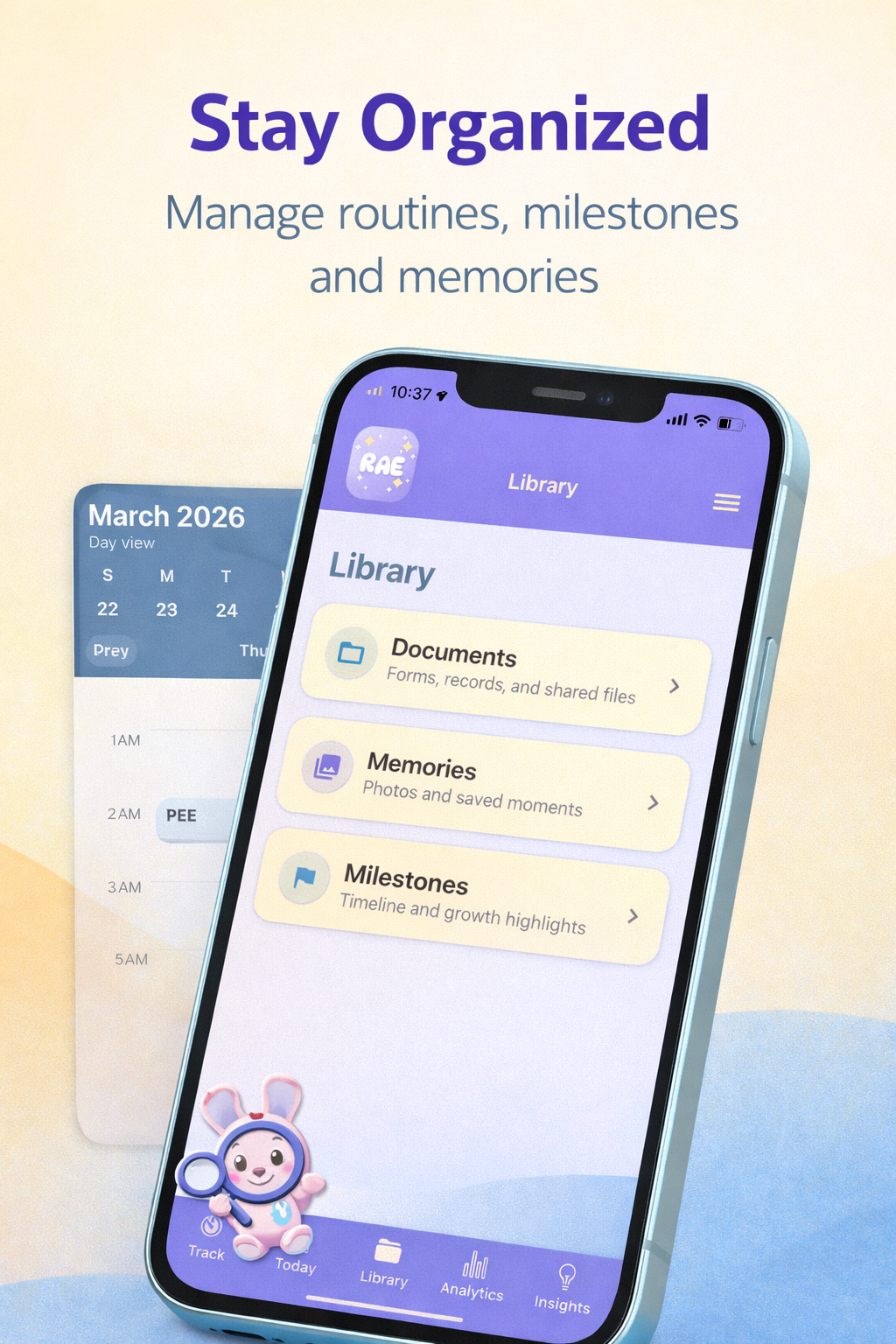 Library screen showing documents, memories, and milestones sections
