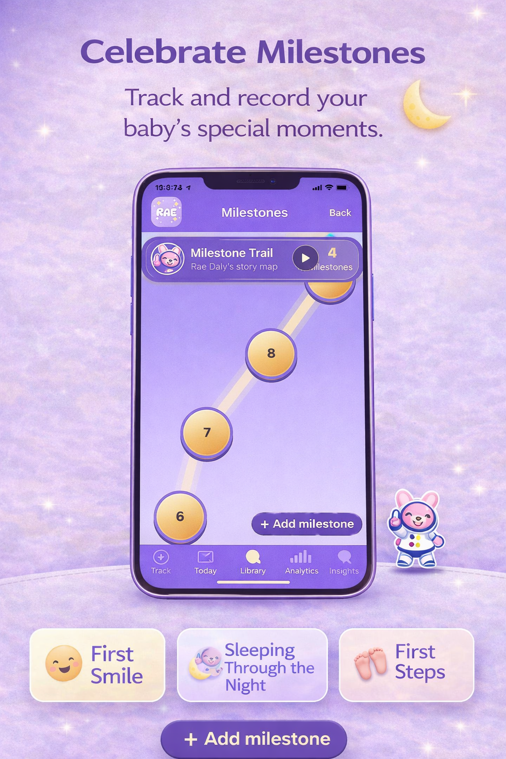 Milestones timeline with milestone cards in Daly Rae